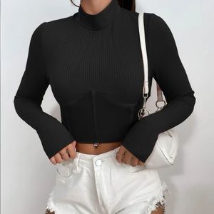 Black ribbed longsleeve mock neck with mesh corset